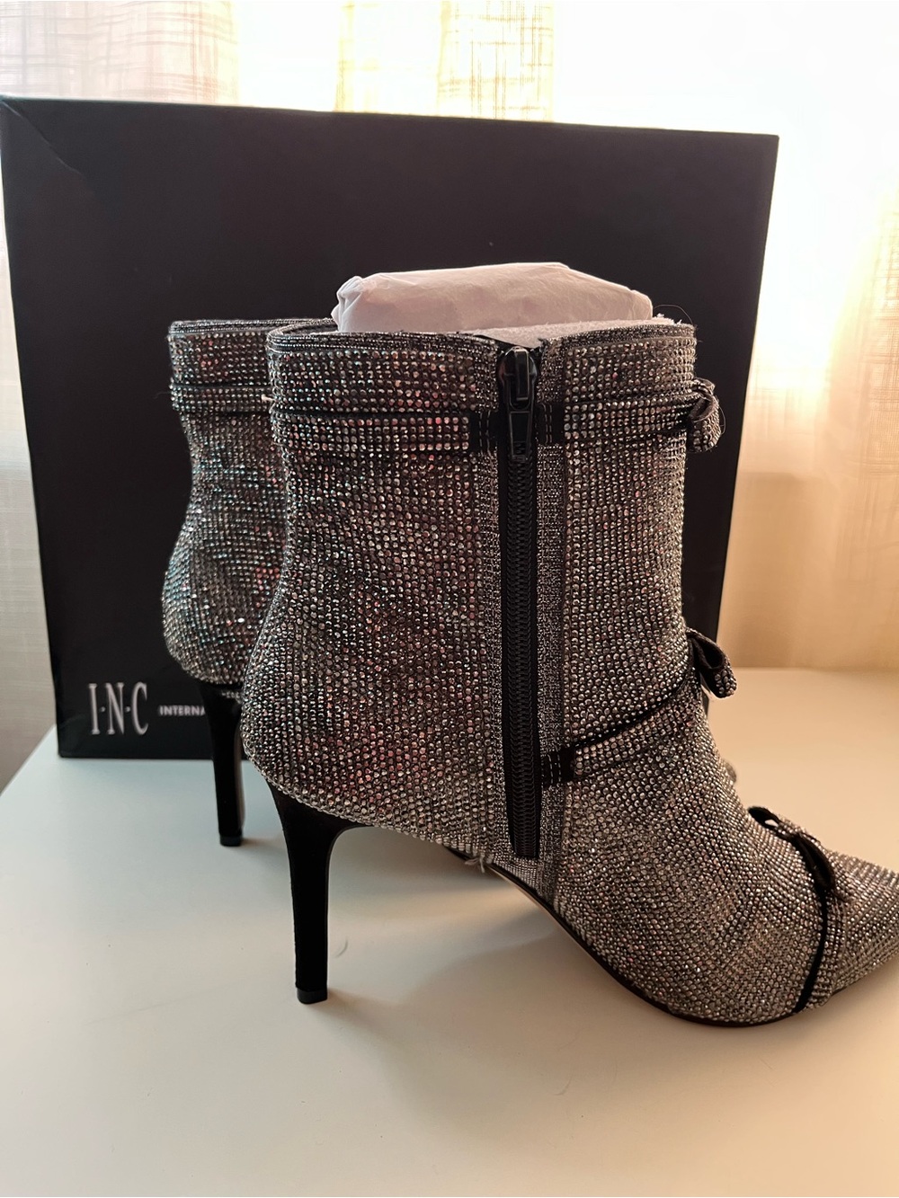 INC Rhinestone Pointed-Toe Belted Ankle Boots - Black with silvery sparkles